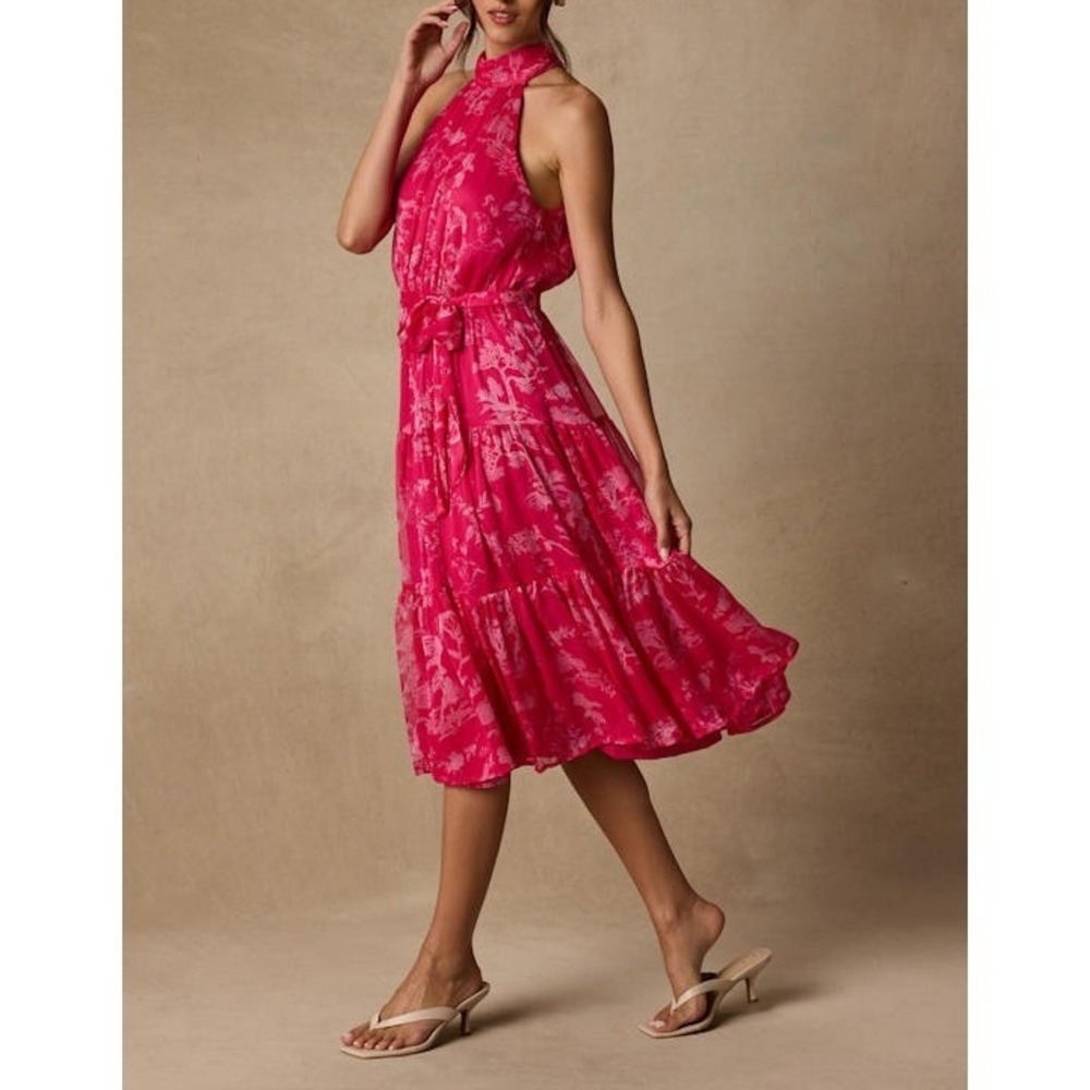 NWT Lulus Float to You Hot Pink Floral Print Halter-Neck Tiered Midi Dress Small - Picture 1 of 12